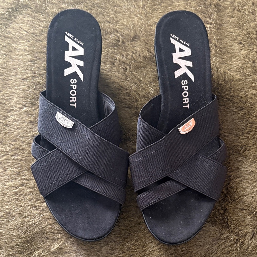 Anne Klein Black Crisscross Slide Sandals